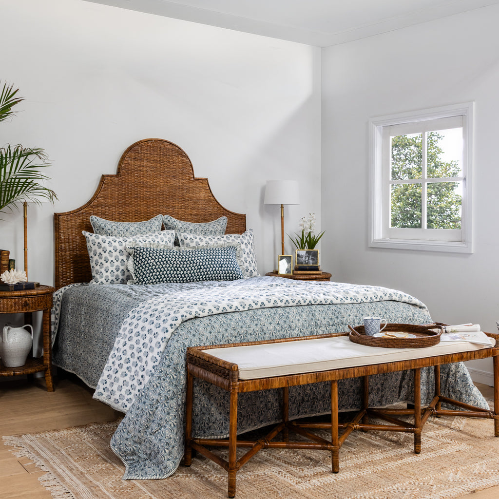 Dahlia Rattan Bedheads (Brown) Styled in Bedroom with Estelle Bedding and Palms