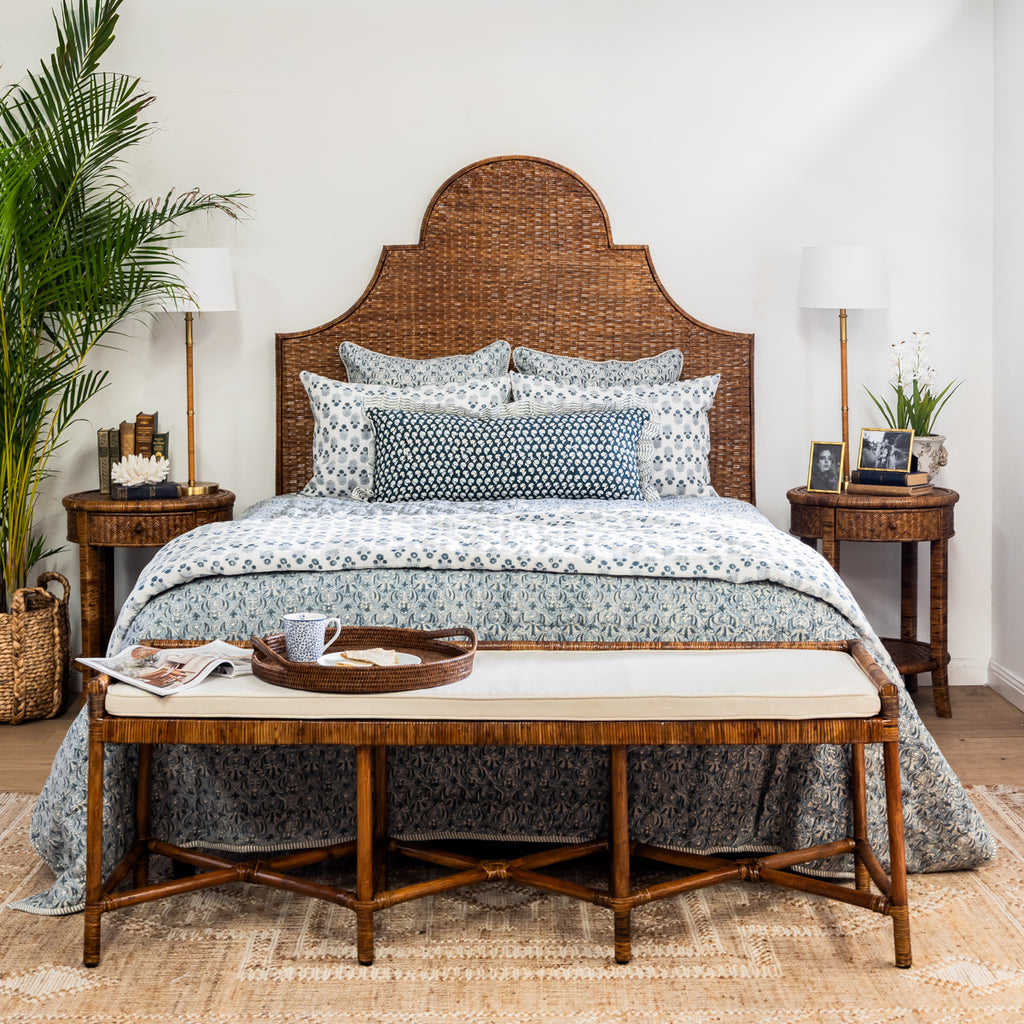 Dahlia Rattan Bedheads (Brown) Styled in Bedroom with Estelle Bedding and Palms