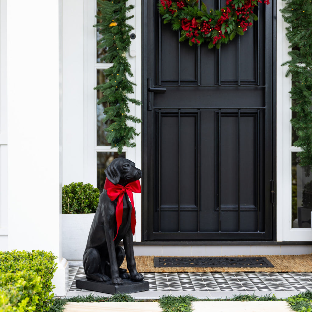 Dog Statue (Black, 70cm) Styled for Christmas in Front of House