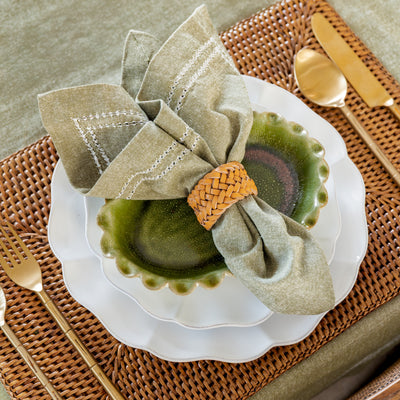Double Hemstitch Napkins Green (Set of 4) Styled on Elm Meadow Table with Rattan Napkin Ring 