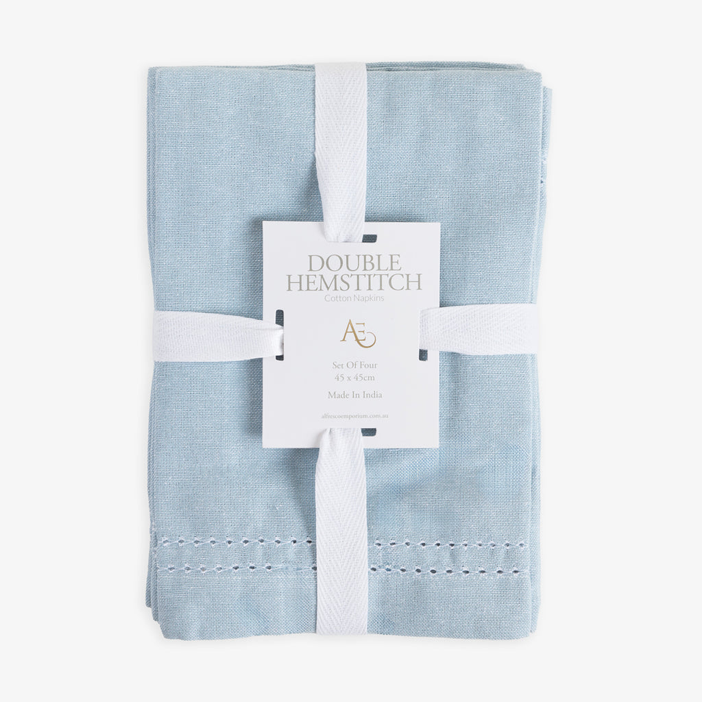 Double Hemstitch Napkins Light Blue (Set of 4) Front View