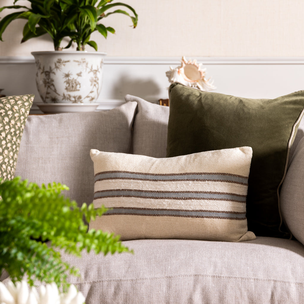 Dune Cream & Light Blue Stripe Rectangular Cushion Cover Styled on Sofa