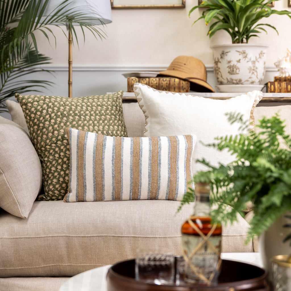 Dune Natural & Light Blue Stripe Rectangular Cushion Cover Styled on Sofa