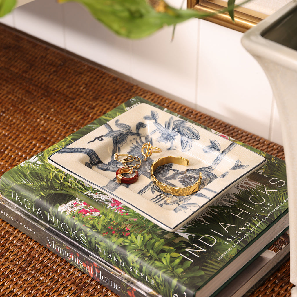 Dynasty Chinoiserie Style Trinket Tray Styled With Ratan Buffet and Books