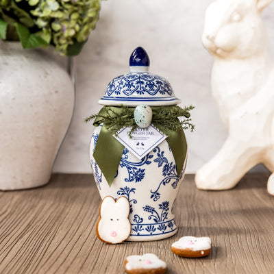 Dynasty Gingerbread Easter Jar Styled on Table with Bunny and Florals Behind
