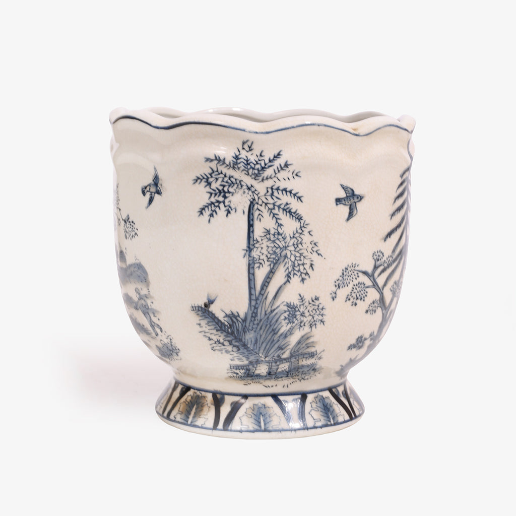 Dynasty Scalloped Blue and White Chinoiserie Planter Small