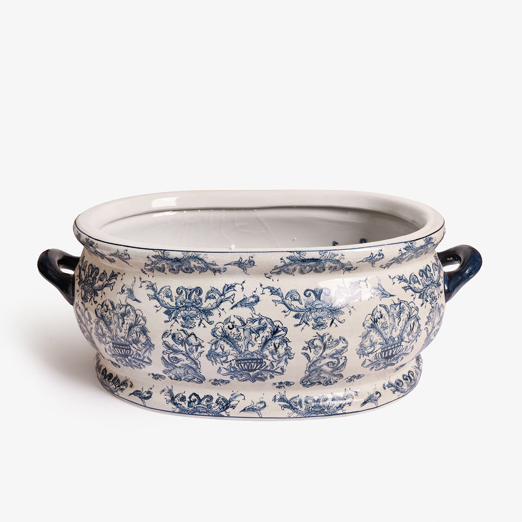 Dynasty White and Blue Oval Planter with Decorative Floral Design