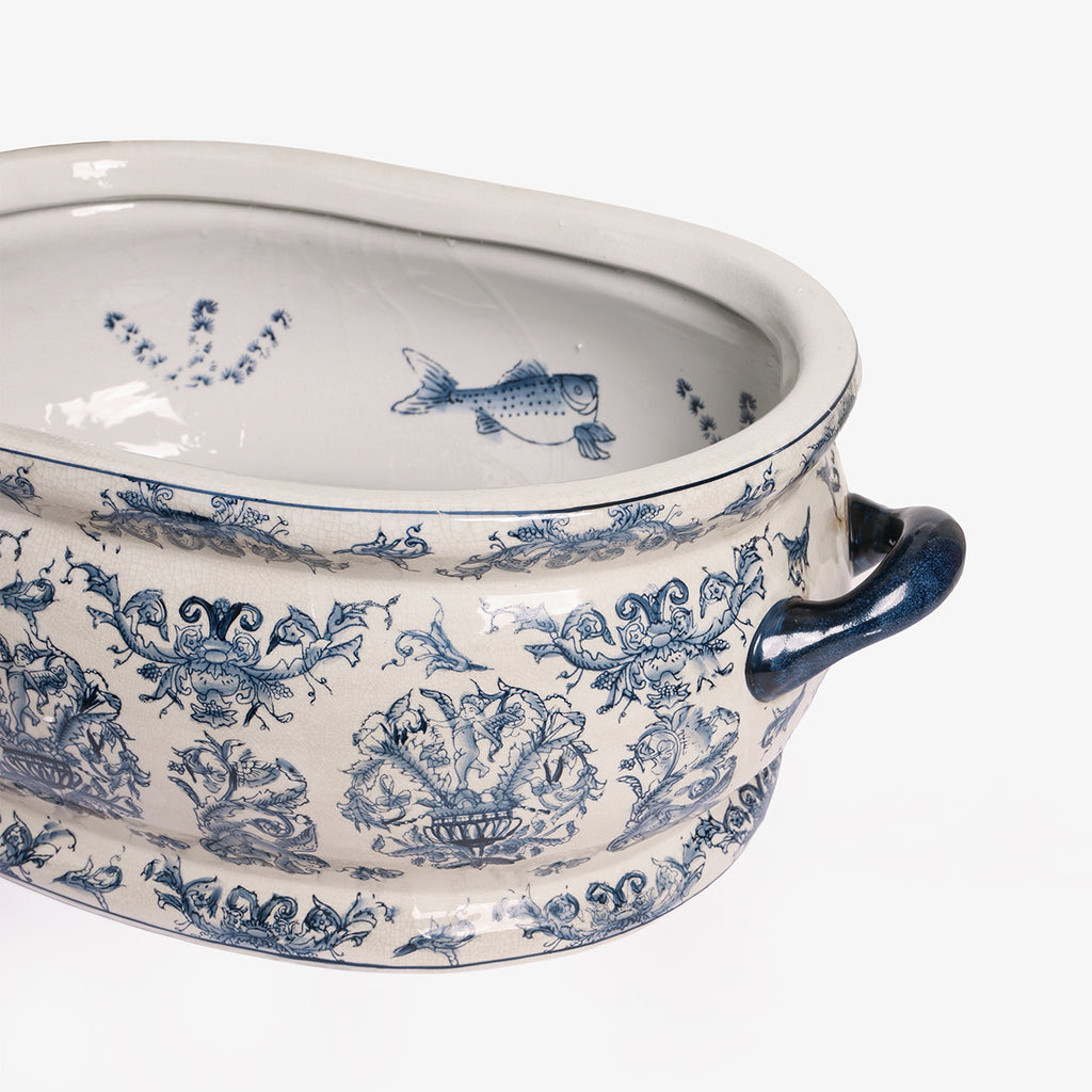 Dynasty White and Blue Oval Planter with Decorative Fish Internal Design