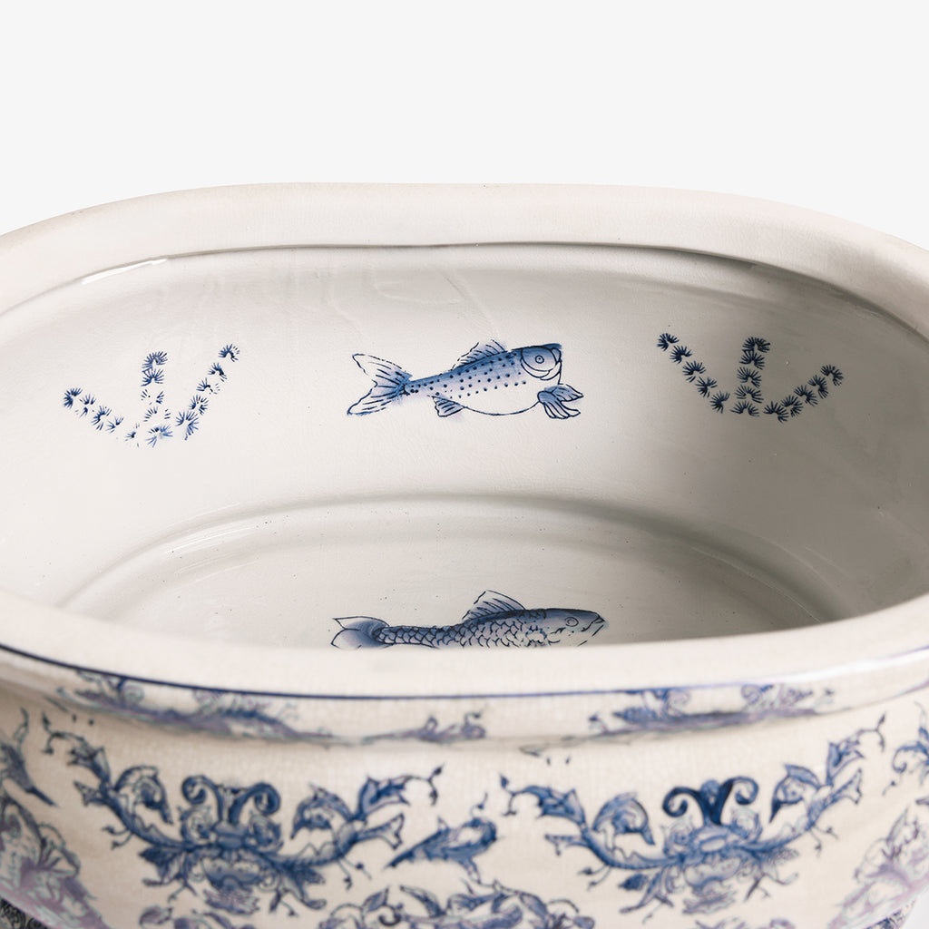 Dynasty White and Blue Oval Planter with Decorative Design Inside
