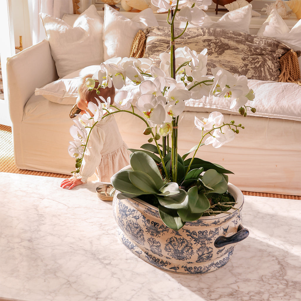 Dynasty Chinoiserie Shallow Planter Styled with Orchid on Marble Table