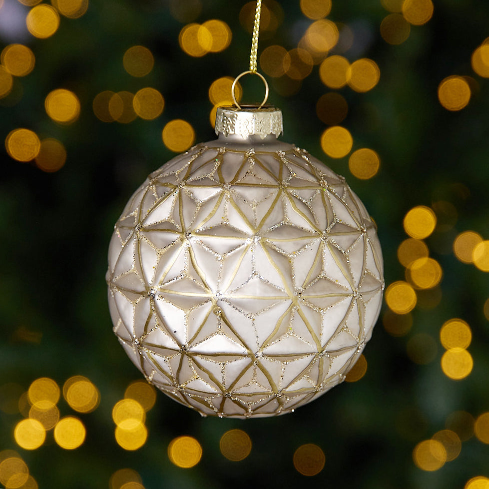 Embossed Star Glass Bauble Set Of 4 (White & Gold)