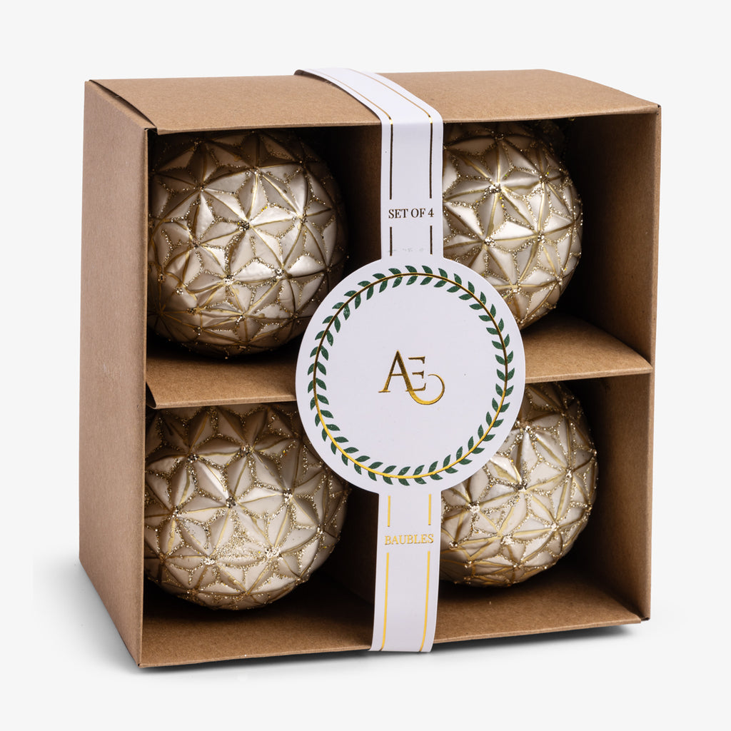 Embossed Star Glass Bauble Set Of 4 (White & Gold) Front