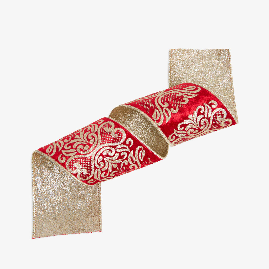 Embroidered Leaf Wire Velvet Ribbon (Red & Gold) Front View