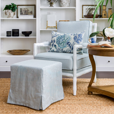 Indira White Bamboo Armchair (Blue Stripe) Styled Shot in Living Room with Ottoman