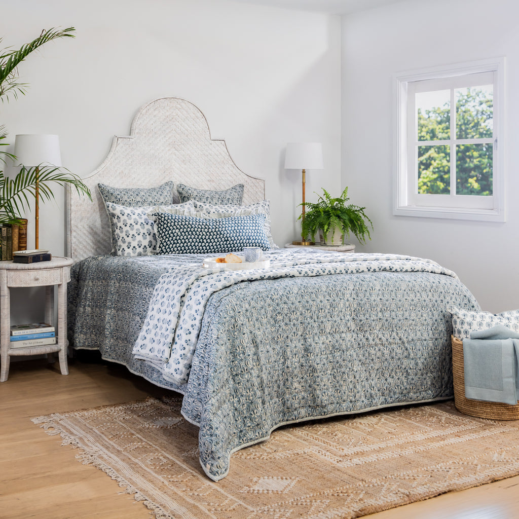 Dahlia Rattan Bedheads (White) Styled in Bedroom with Estelle Bedding and Island Decor