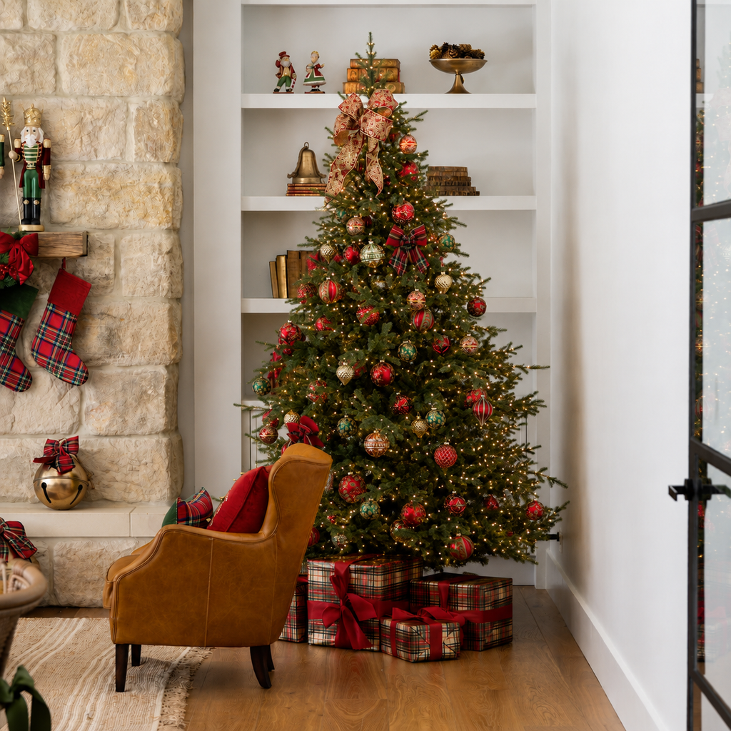 Decorated Christmas tree with ornaments and presents in a living room setting.