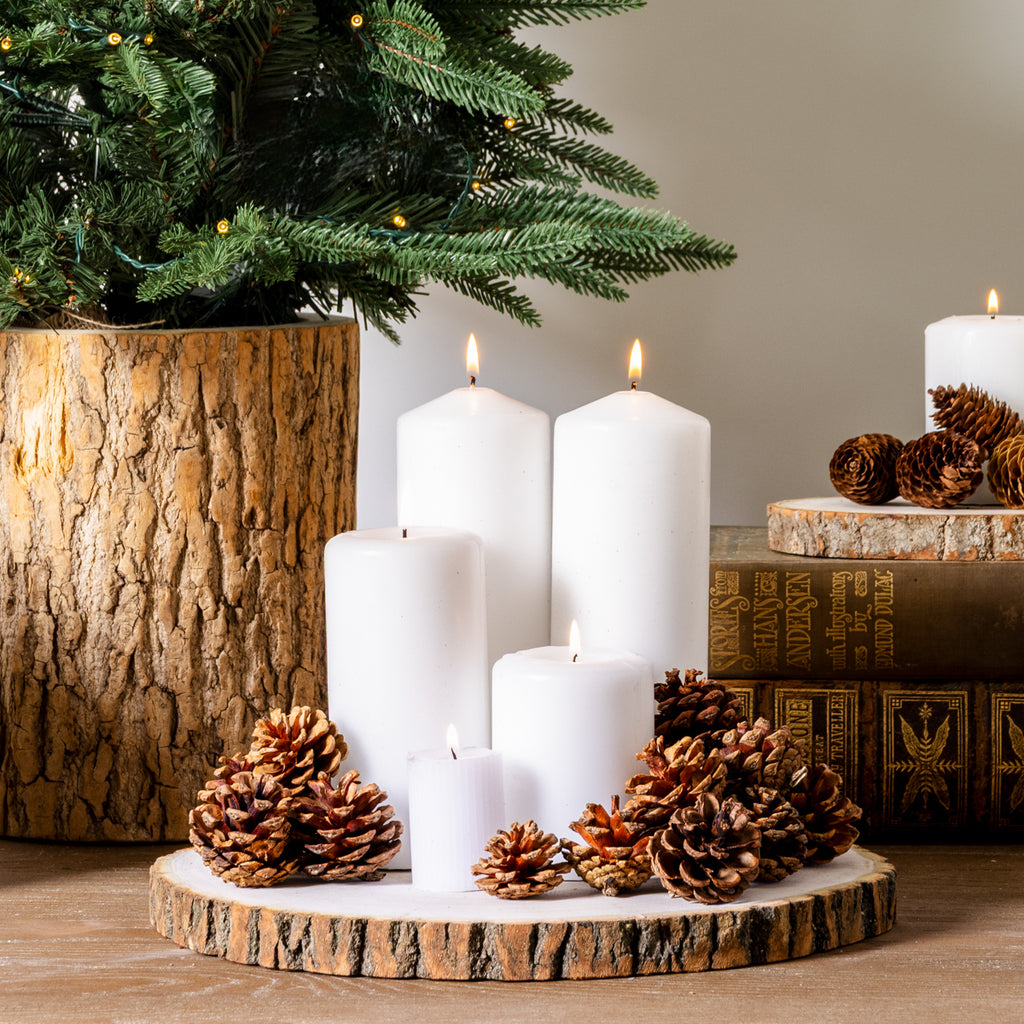 Evergreen Pinecones (Round) Styled on Wood Slice with Candles