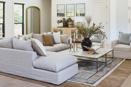 Clara modular lounge in latte in a farmhouse style living room.