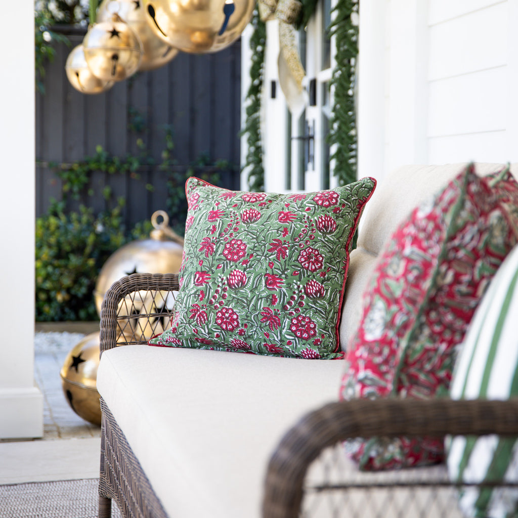 Festive Sage Rose Cushion Cover Styled on Outdoor Lounge