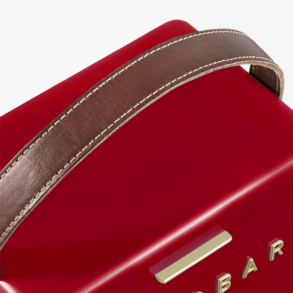 Close up of leather handle on Fieldbar cooler.