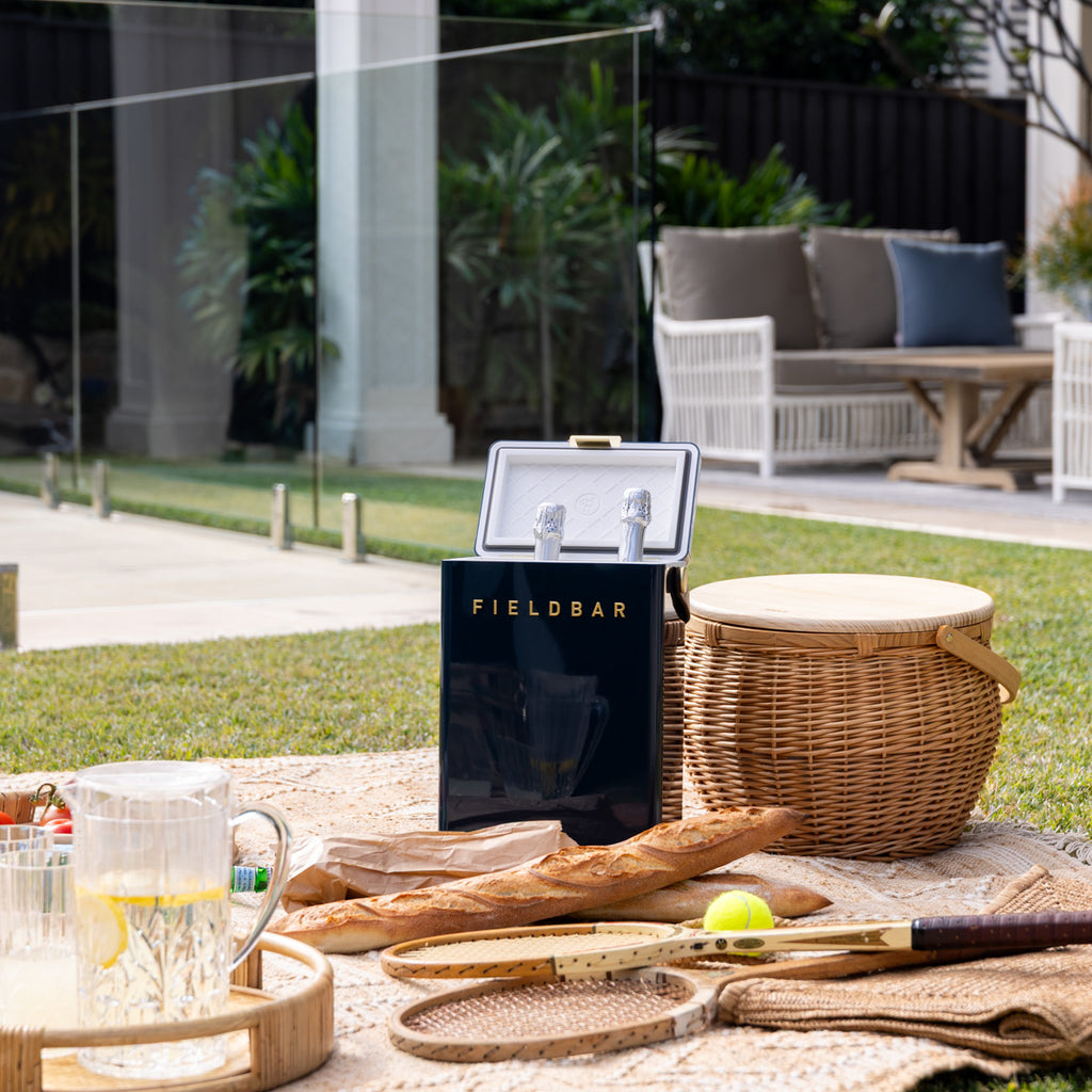 Fieldbar Drinks Box (Sea Boat Blue) Styled on Picnic with Champagne bottles