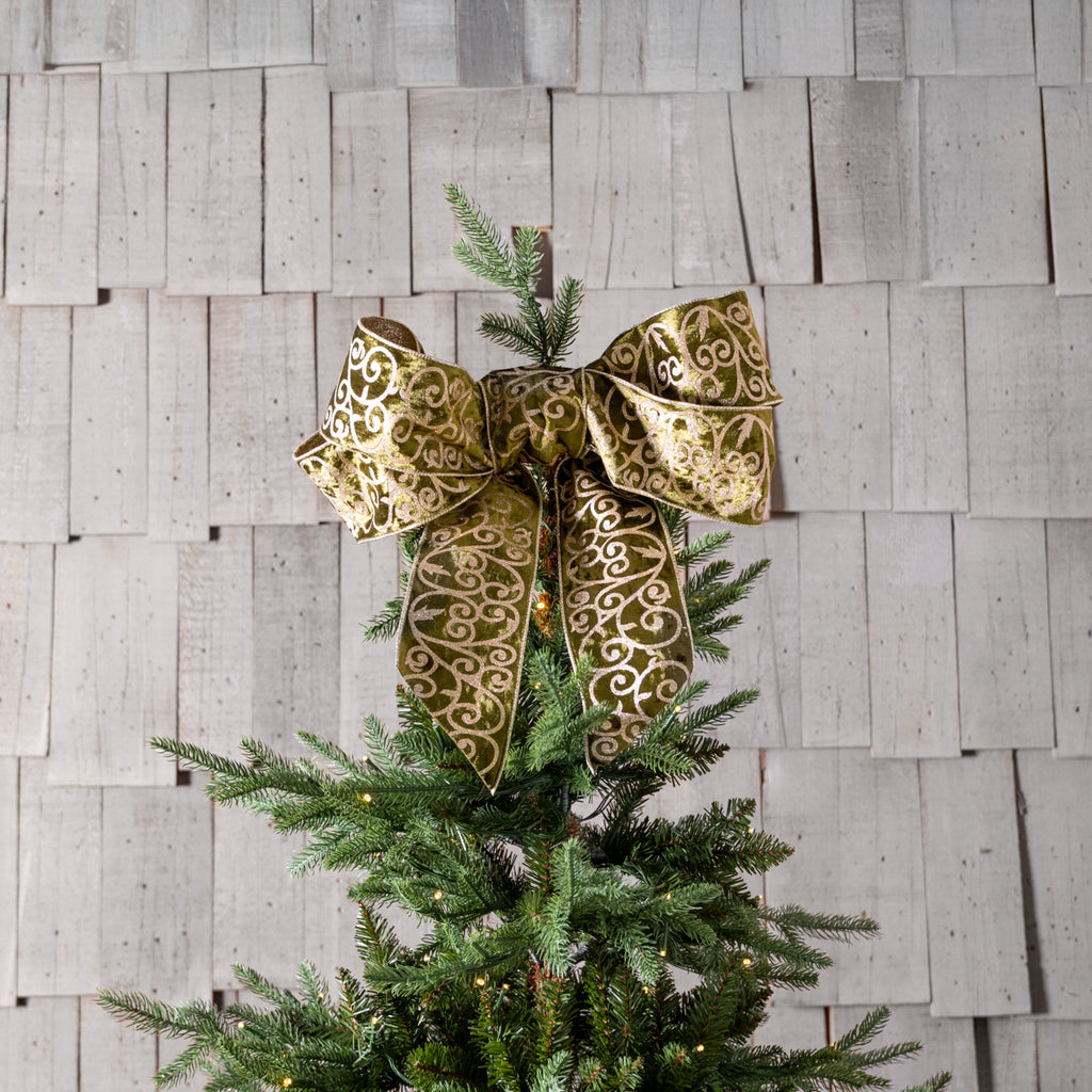 Floral Wire Velvet Ribbon (Olive Green) Styled on Christmas Tree in Bow