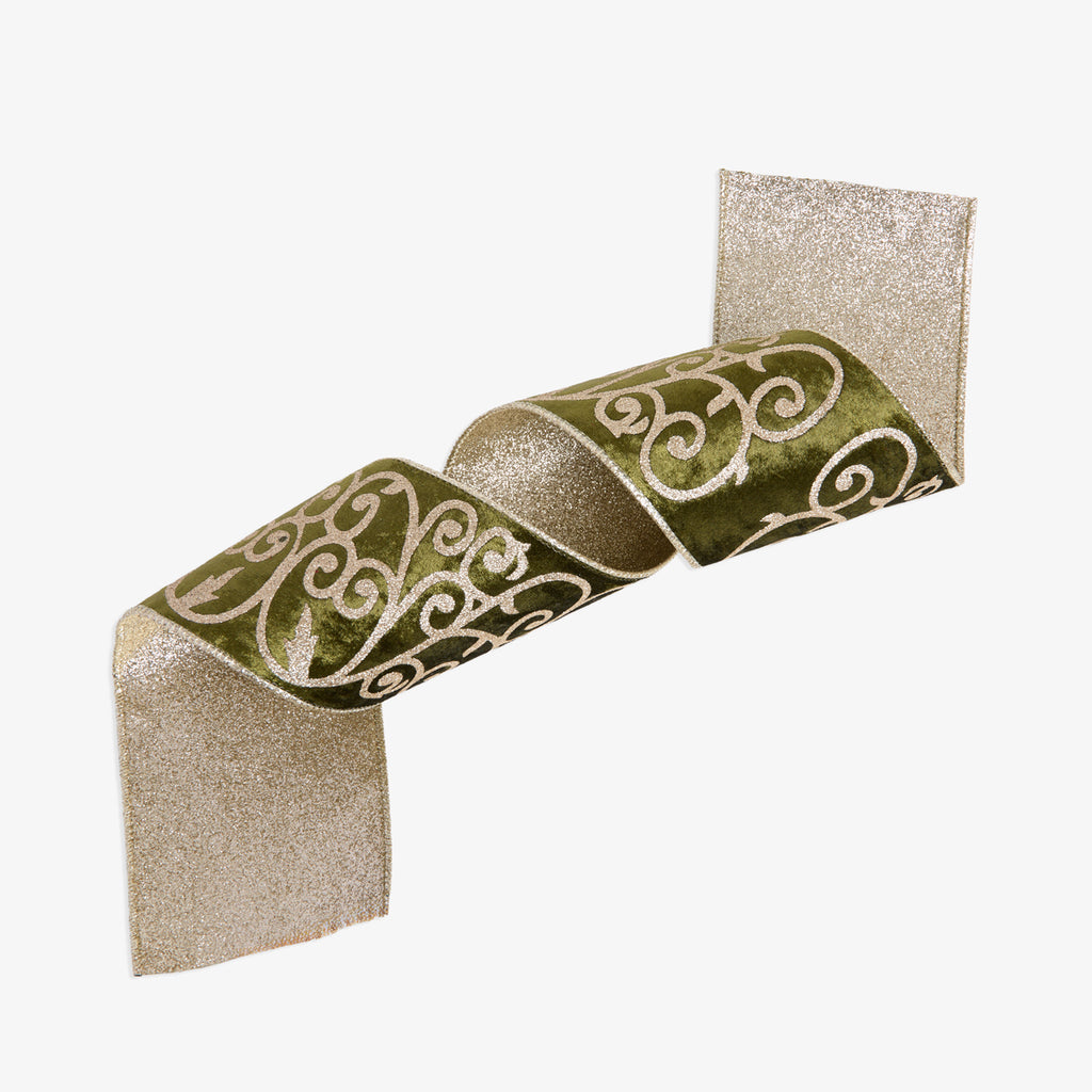 Floral Wire Velvet Ribbon (Olive Green) Front View