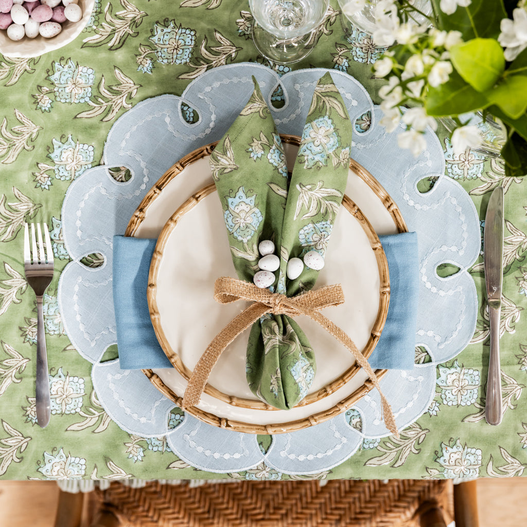 Flower Edging Round Placemat (Blue) Styled on Easter Table with Bamboo Dinnerware and Laya Napery