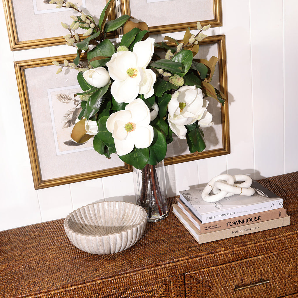 Fluted Beige Marble Bowl Styled on Ratan Buffet with Flowers