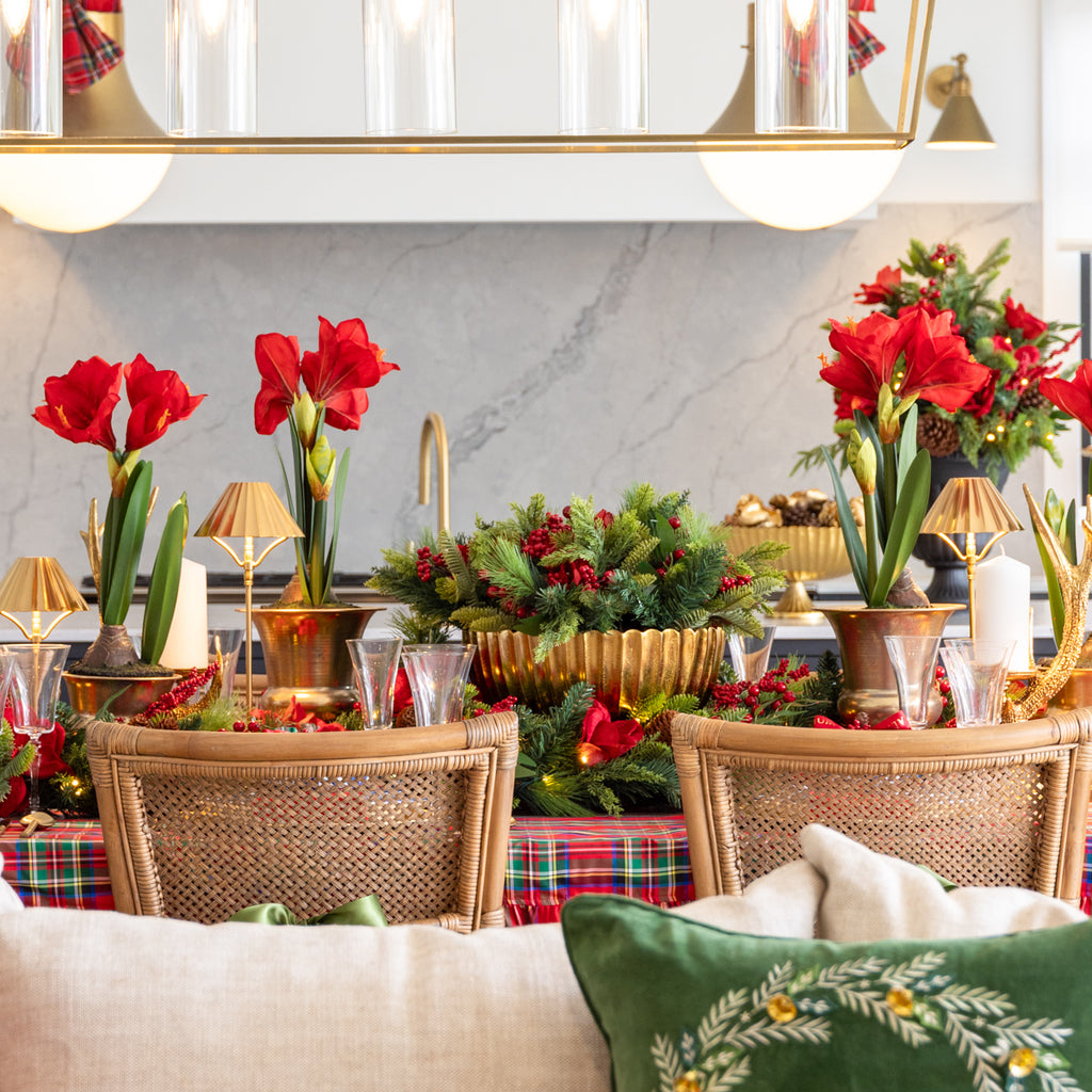 Fluted Round Bowl (Gold) Styled on Dining Table with Flowers inside