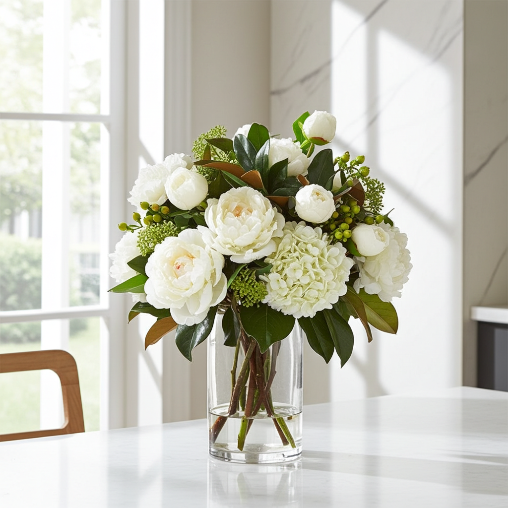 Bouquet of white flowers in a clear vase on a table with a window in the background