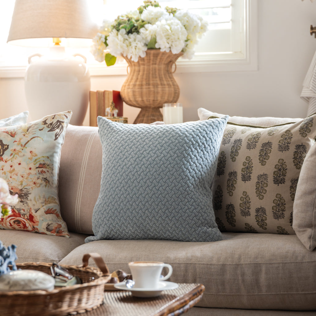 Geo Velvet Cushion Cover Blue Styled on Sofa