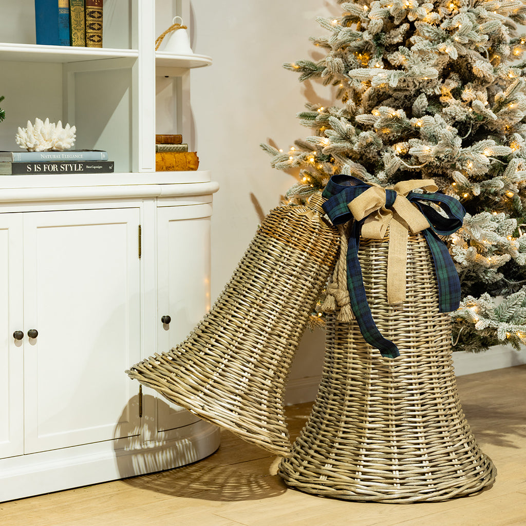 Two wicker bells tied together with rattan and hessian ribbons.