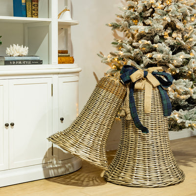 Two wicker bells tied together with rattan and hessian ribbons.