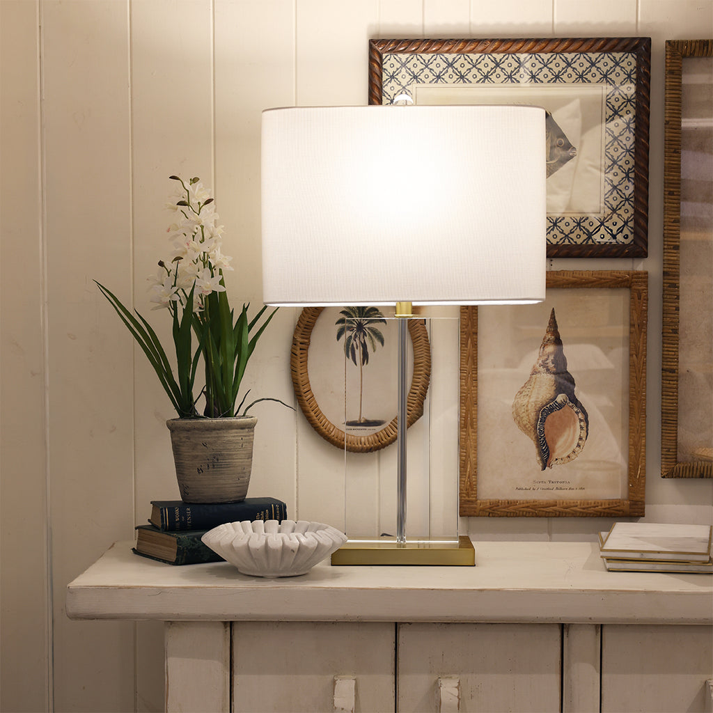 Glass Rectangular Lamp with Shade Styled on Buffet with artwork