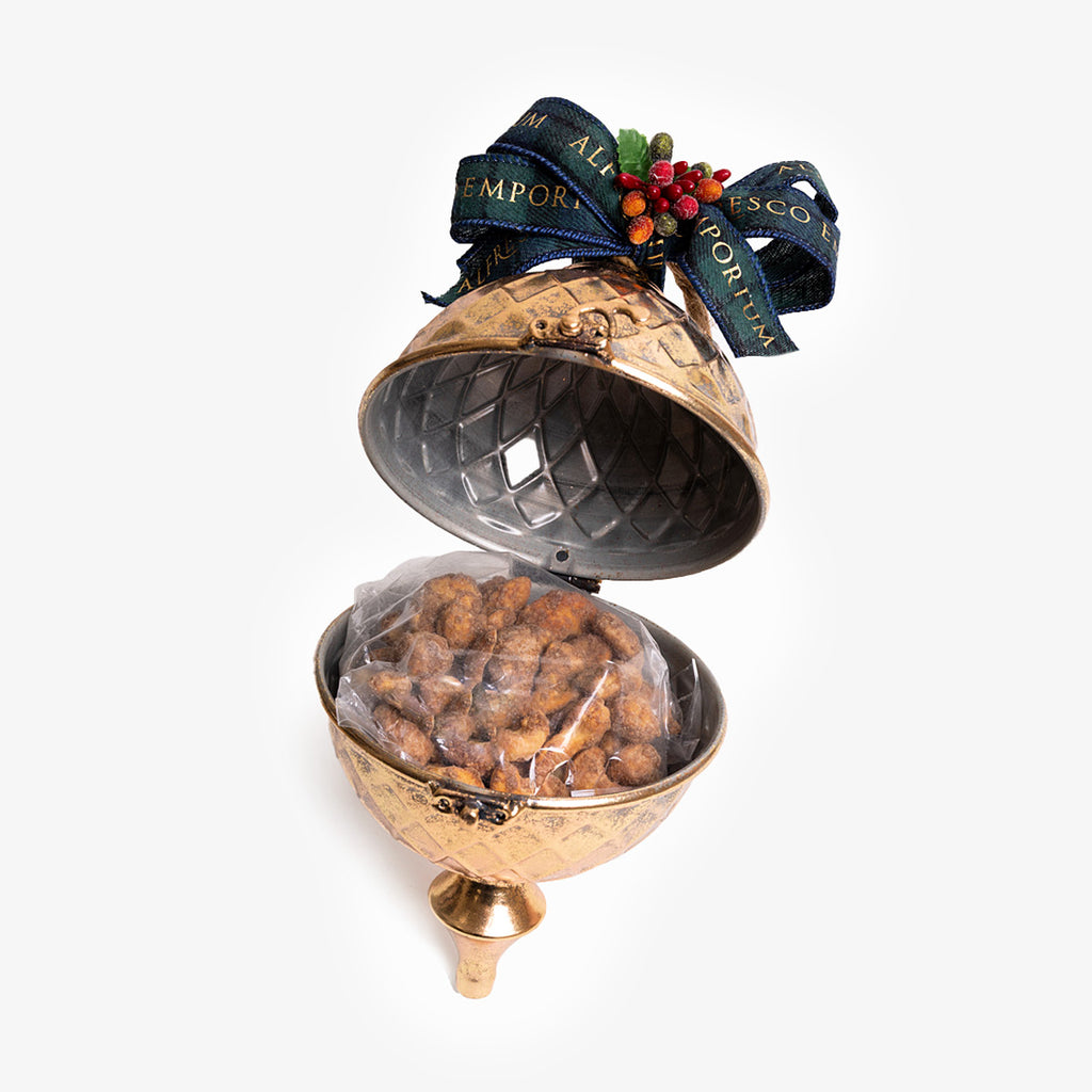 Gold Gift Bauble with Cashews Open on Table