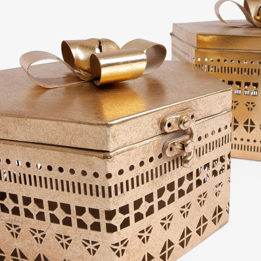 Gold Metal Boxes With Bow Close Up