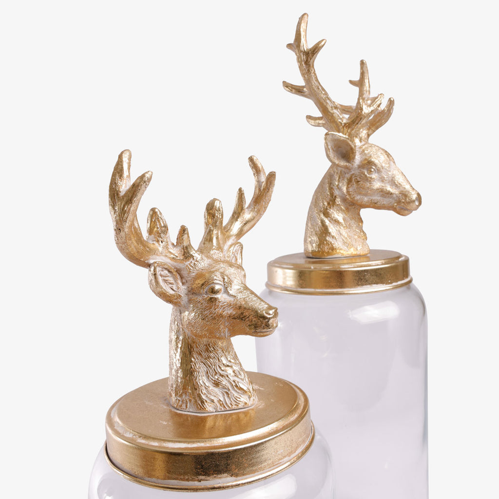 Gold Reindeer Lid Glass Jars Close Up