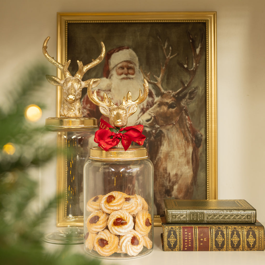 Gold Reindeer Lid Glass Jars Styled