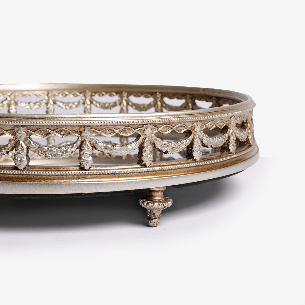 Gold Round Mirror Tray With Feet Close Up