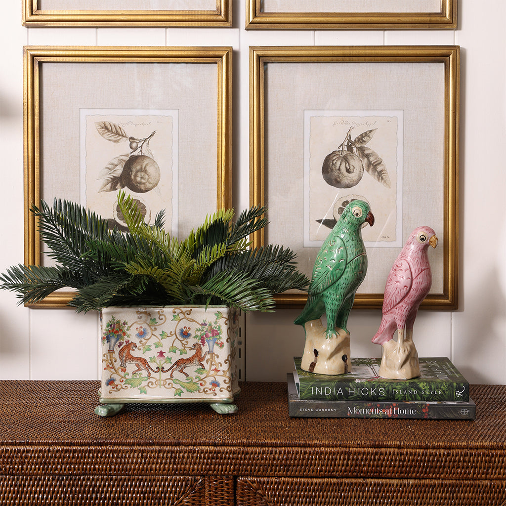 Ceramic Green Parrot Statue Styled With Ratan Sideboard and Planter