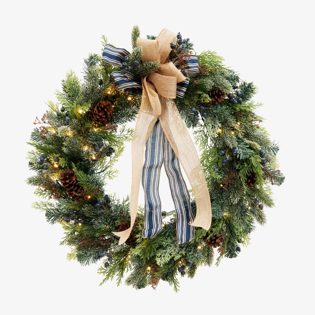 Hampton Blueberry Wreath with Lights 80cm Front View