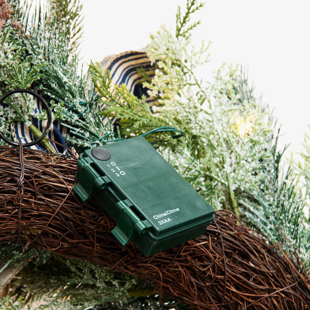 Hampton Blueberry Wreath with Lights 80cm Close Up of Battery Pack