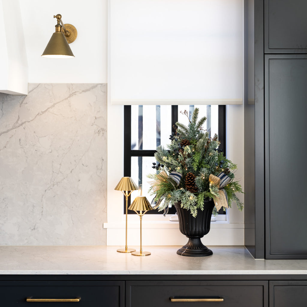 Hampton Blueberry Arrangement with Lights 81cm Styled in Kitchen with Two Lamps