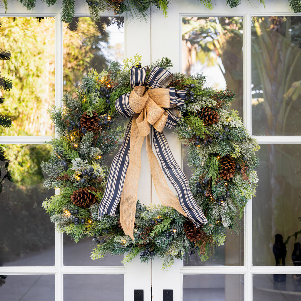 Hampton Blueberry Wreath with Lights 80cm Styled on Front Door