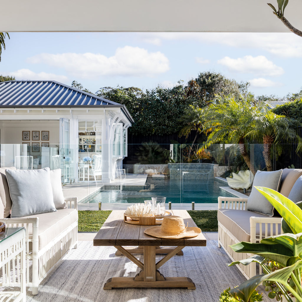 Hampton Outdoor Coffee Table Teak 140 x 80cm Styled in Outdoor Setting