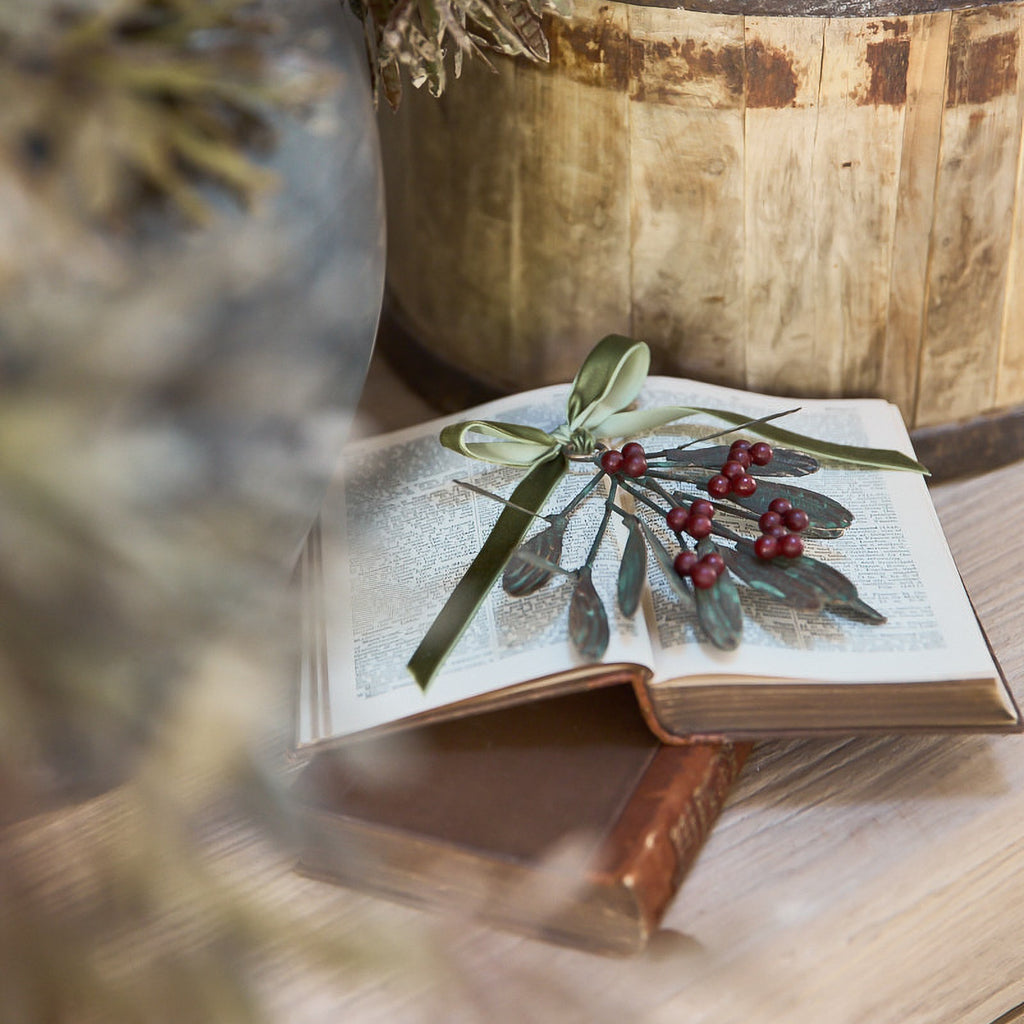 Metal Hanging Berry Spray (Red) Styled on Book with Ribbon Tied