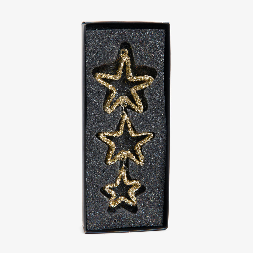 Hanging Star Baubles Set Of 3 (Gold) Front View in Box