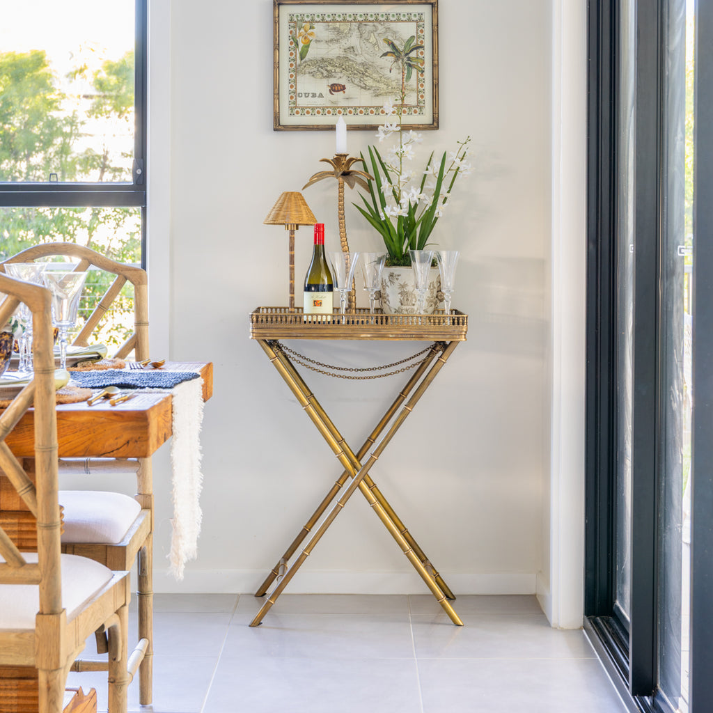Hepburn Brass Butler's Tray With Stand Styled in Dining Room