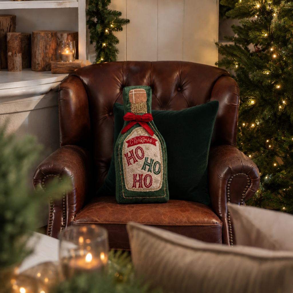 ho-ho-ho-champagne-bottle-christmas-cushion styled